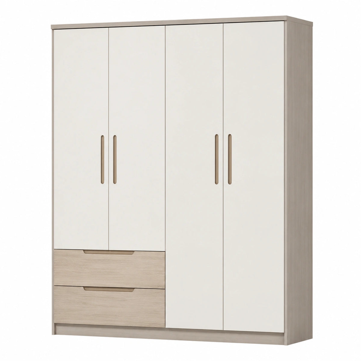 Armario de madera con cuatro puertas y dos cajones beige y blanco 200x160x60 cm