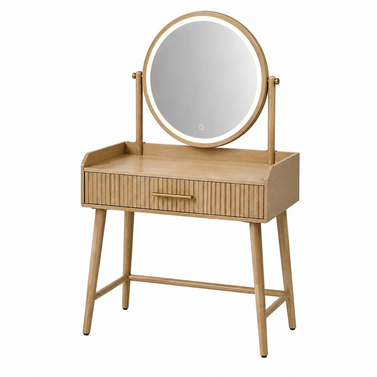 Tocador de madera con espejo circular y luz LED, 80x40x130 cm, color roble