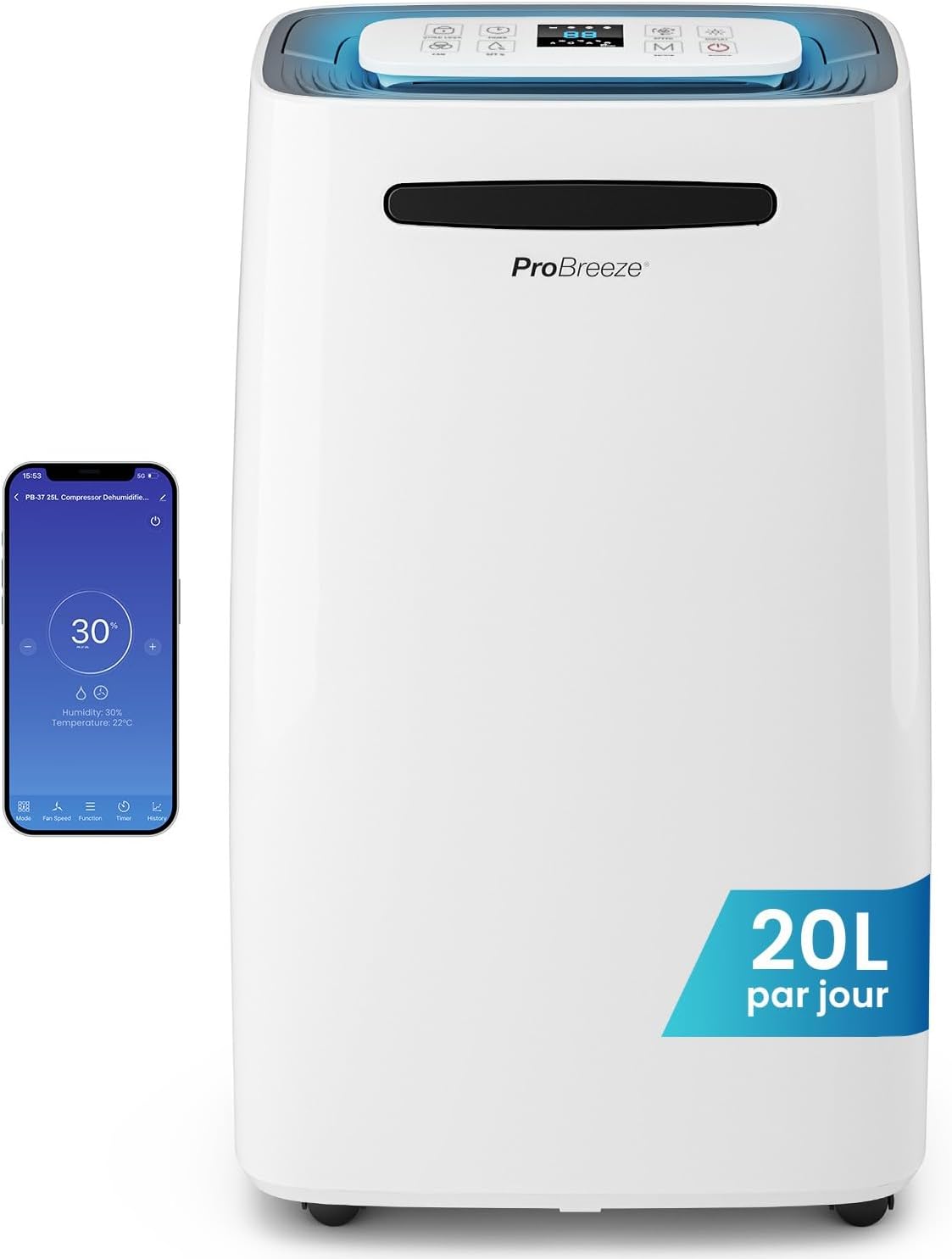Osuszacz powietrza Pro Breeze, 20 l, Biały, Wi-Fi – automatyczne wyłączanie, 20 l / dzień osuszacz, duży zbiornik 20 l/Jour
