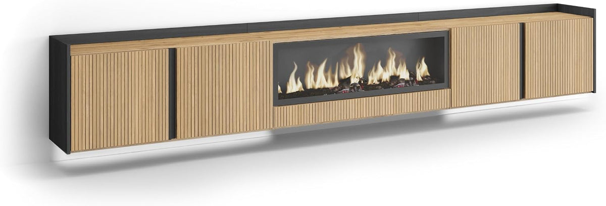Kominek elektryczny Skraut Home, grzejnik elektryczny, 315x50x35 cm, Czarny – oświetlenie LED, Szafka TV, 80 cali