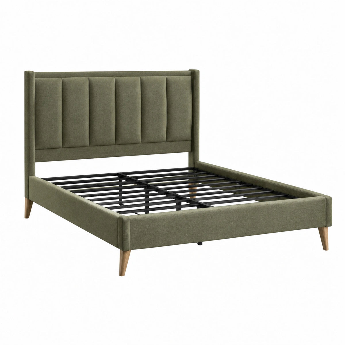Cama doble tapizada en lino verde con patas de madera de haya