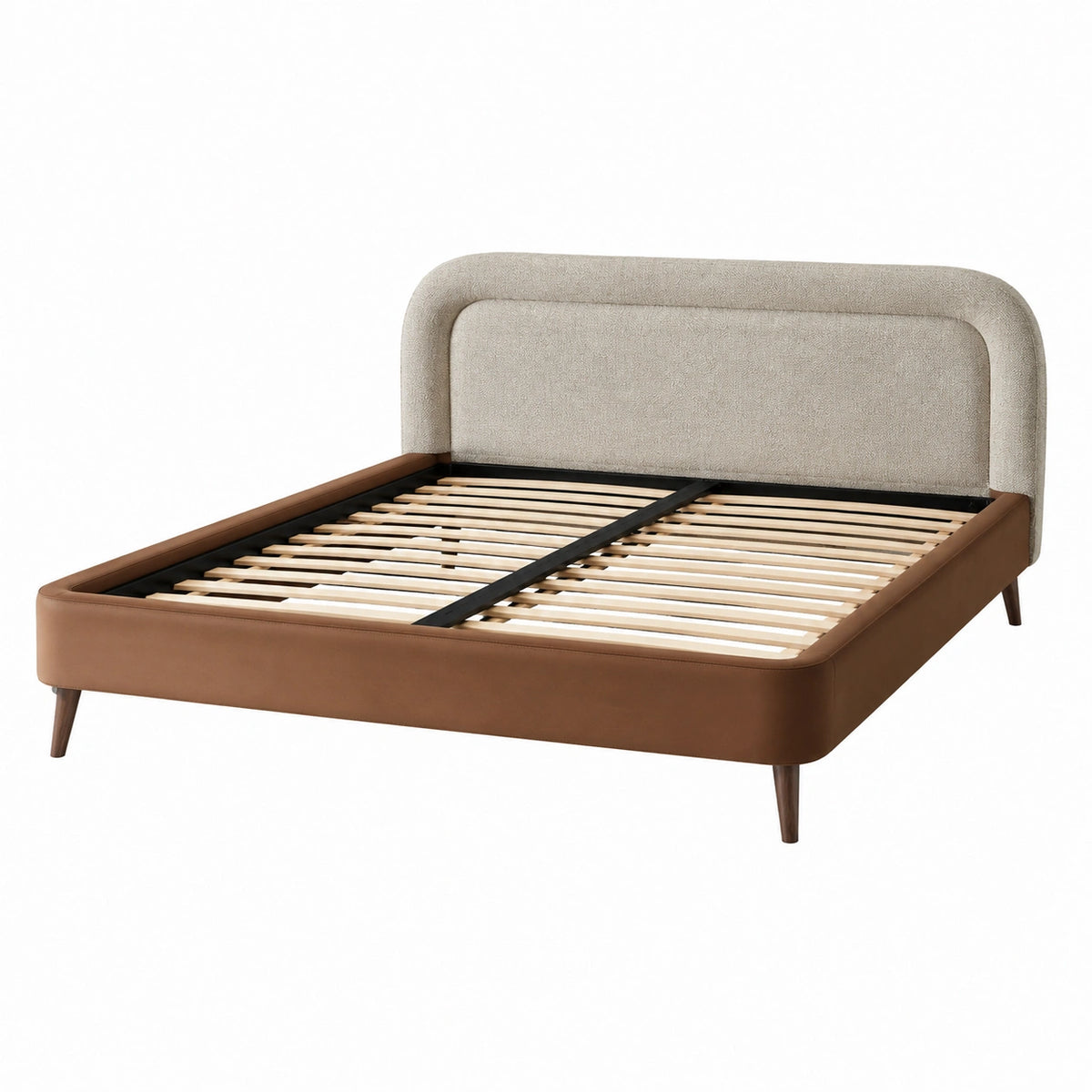 Cama doble tapizada con cabecero de poliéster y estructura de madera, 200x150 cm, marrón/beige