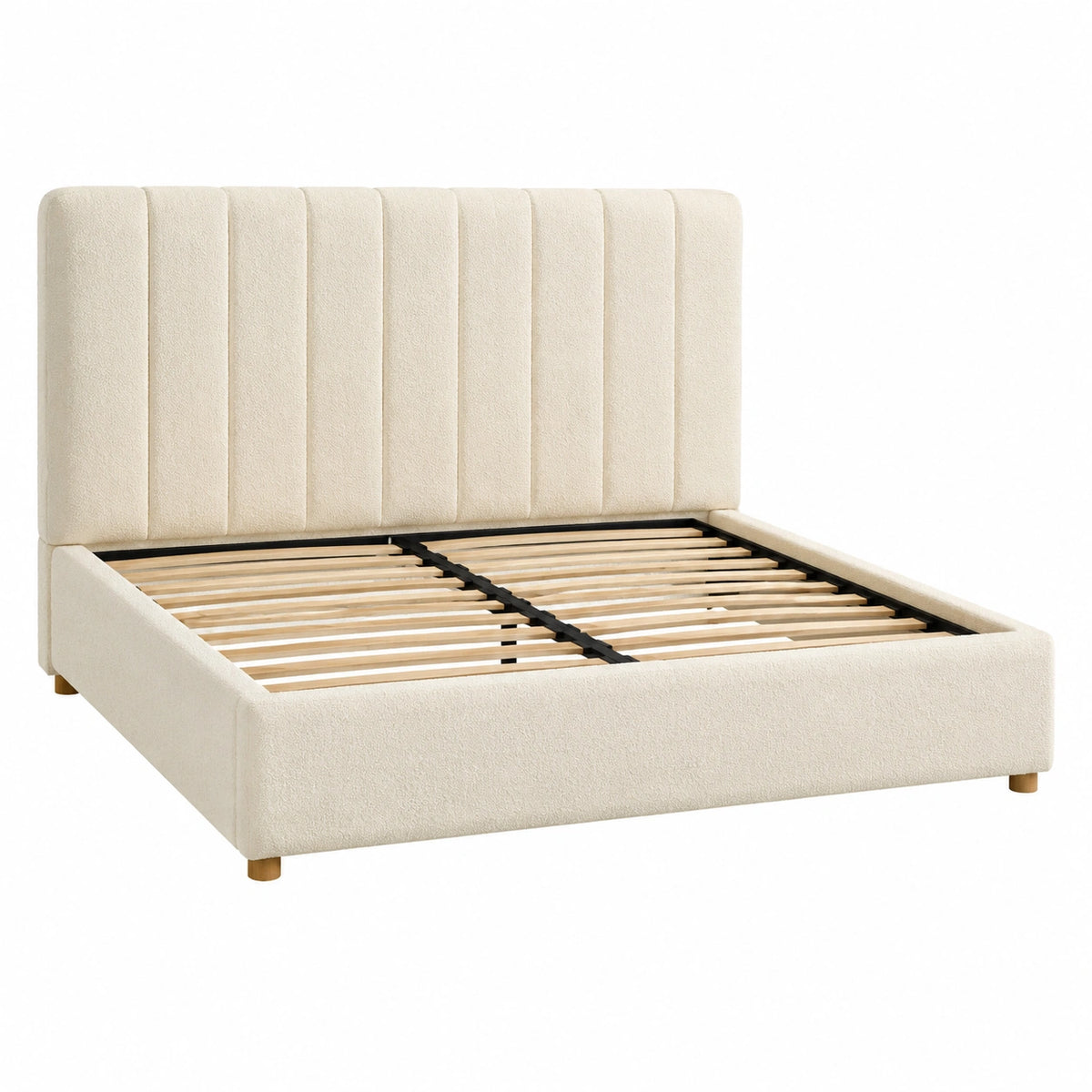 Cama doble tapizada en tela poliéster beige con cabecero acolchado