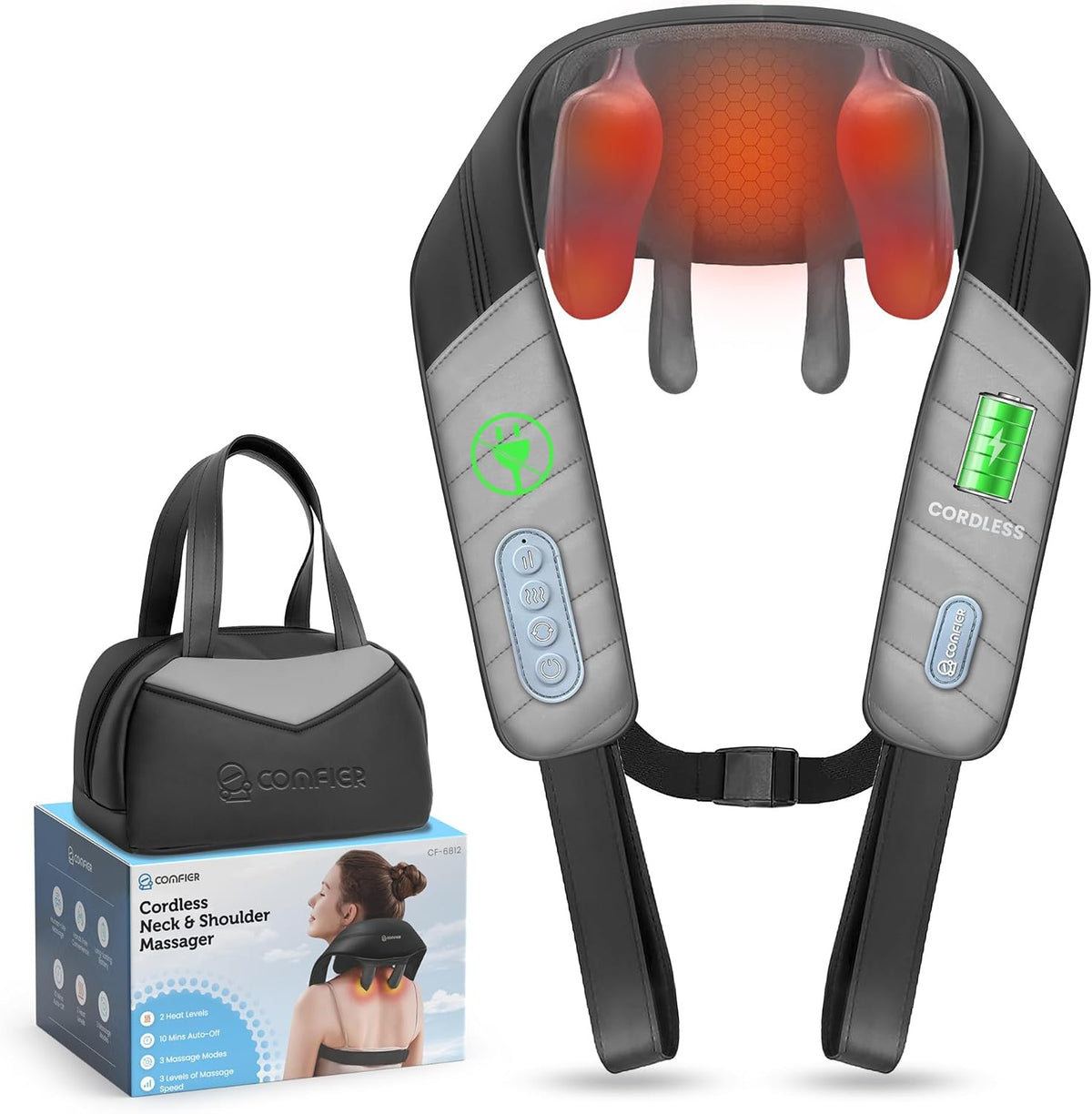 Poduszki na szyi do masażu COMFIER, 1,53 kg, 6 W, Czarny – USB, praca bezprzewodowa, Masażer, funkcja ogrzewania – bezprzewodowy