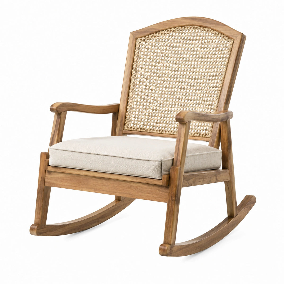 Mecedora de madera con respaldo de ratán y cojín de lino beige