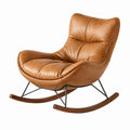 Sillón mecedora de cuero sintético marrón con base de madera y estructura metálica