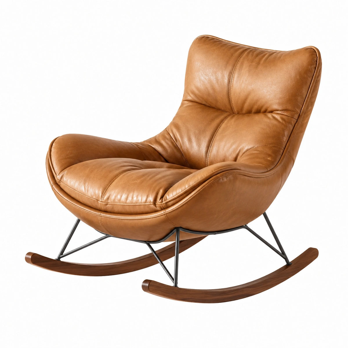 Sillón mecedora de cuero sintético marrón con base de madera y estructura metálica