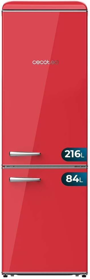 Cecotec Lodówka, 300 l – Czerwony, oświetlenie LED, Bolero CoolMarket Combi kombinowana, Klasa energetyczna E – z zamrażalnikiem, LED Wnętrze