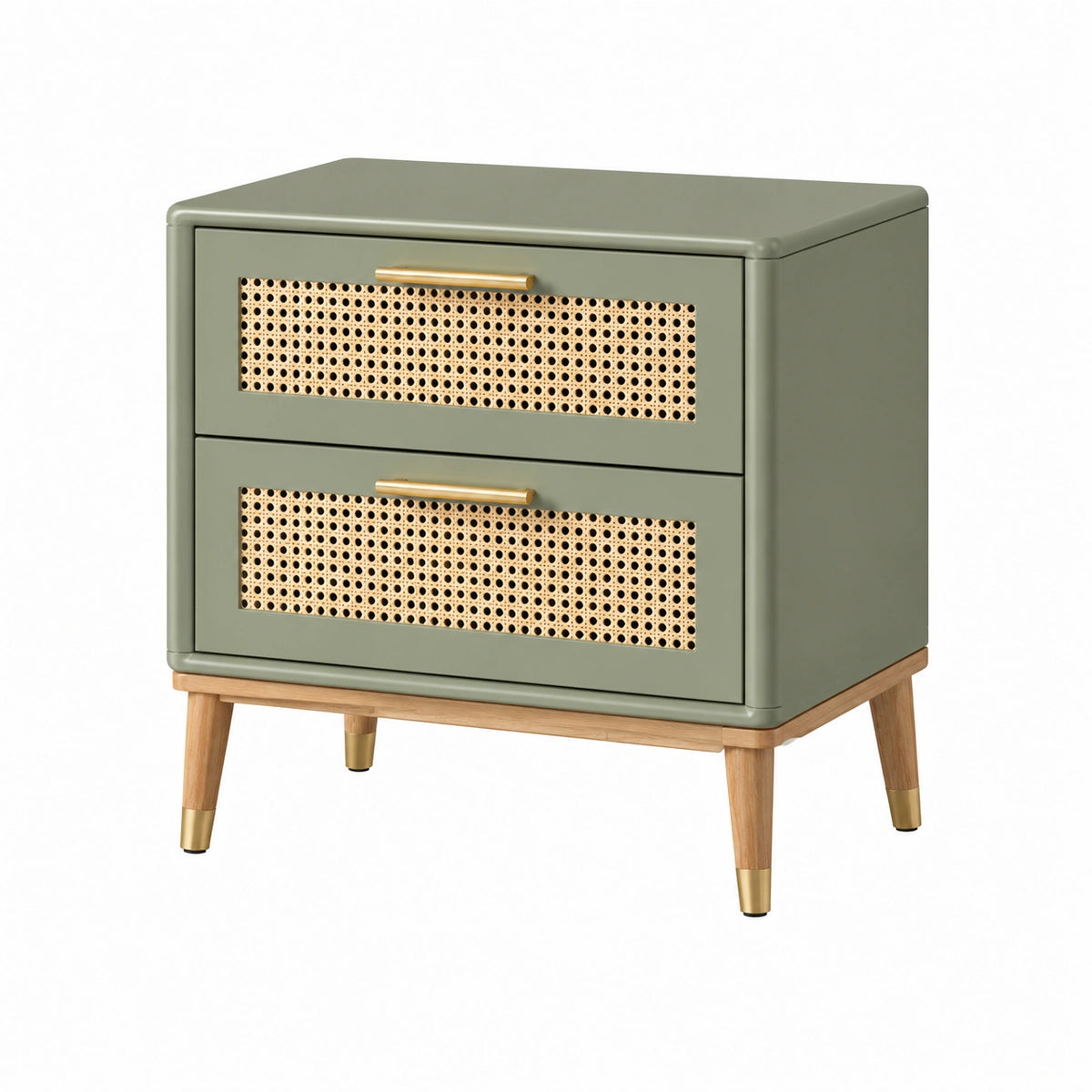 Mesita de noche verde de madera MDF y ratán
