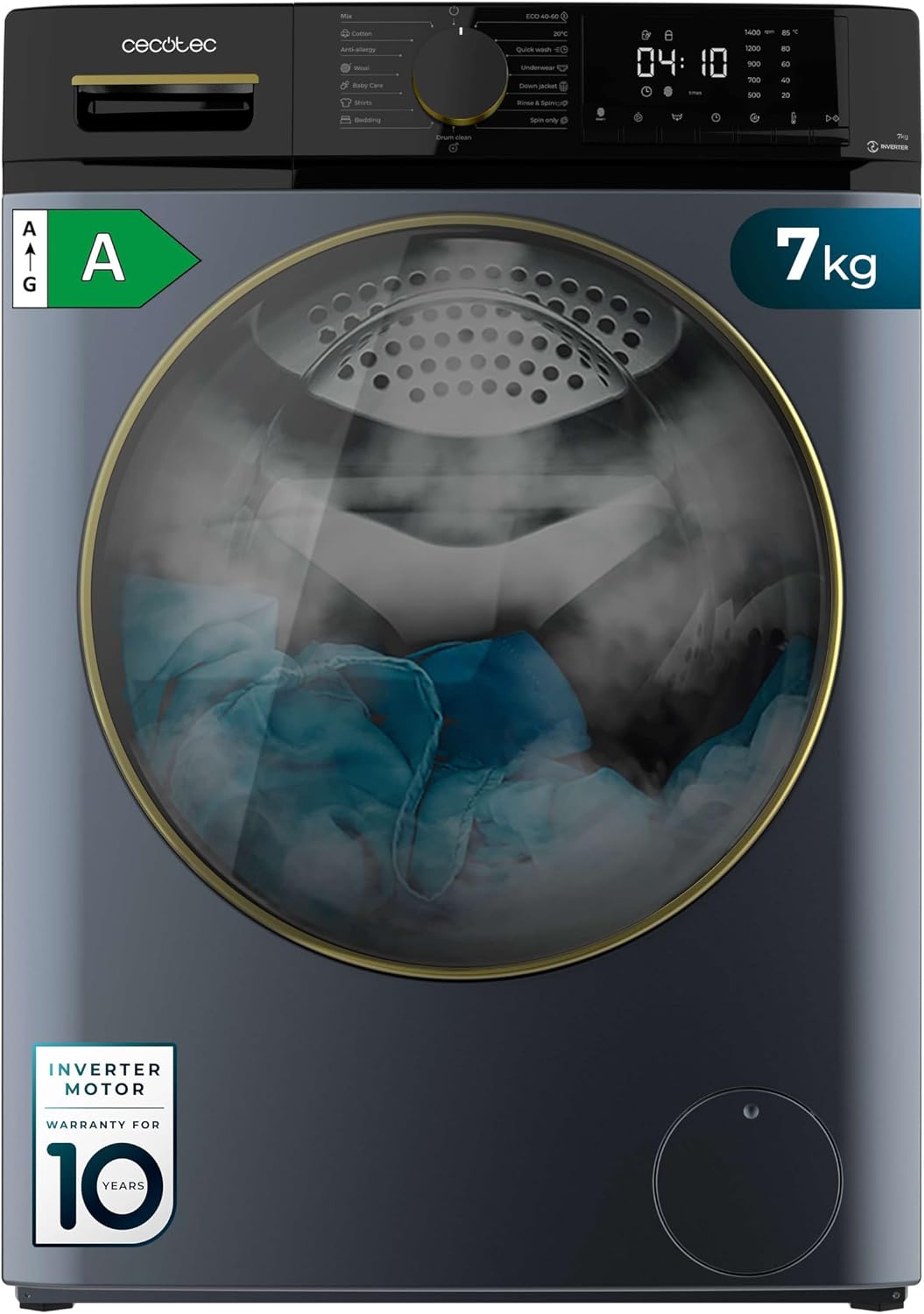 Cecotec Pralka, 7 kg, 1400 obr./min, Czarny/Niebieski – klasa A, funkcja parowa, silnik inwerterowy Plus