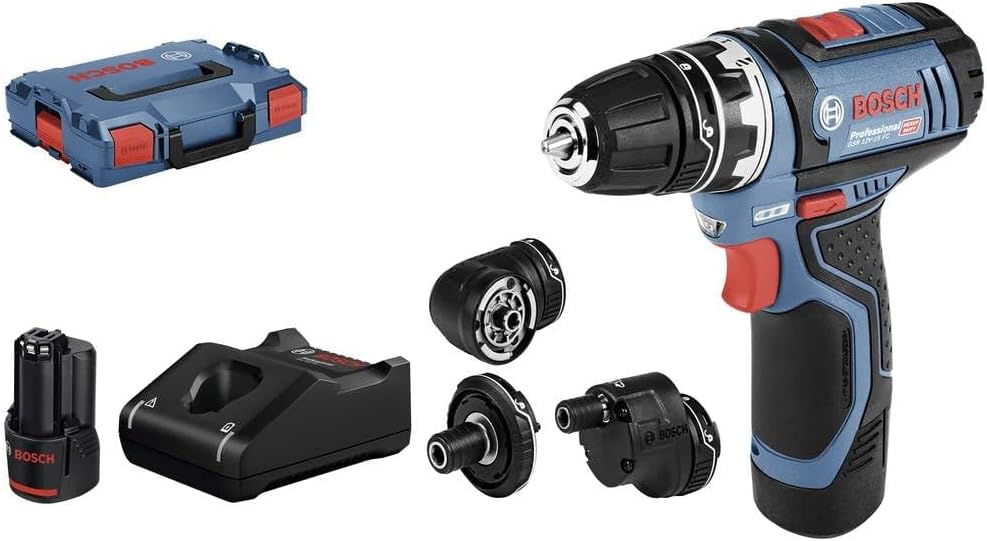 Bosch Professional Wiertarki i wkrętaki, 12 V – 2.0 Ah, 132 mm, Niebieski/Czarny/Czerwony, metal – 5 w 1, ładowarka GAL 12V-40, 4 wymienne uchwyty