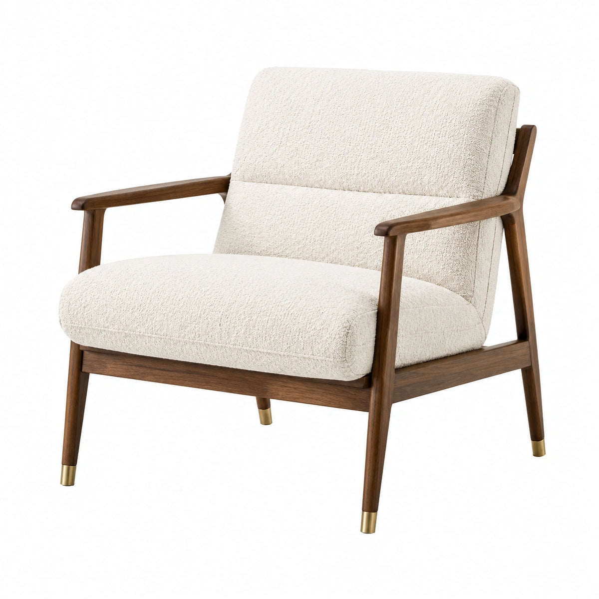 Sillón de madera de nogal con tapizado bouclé beige