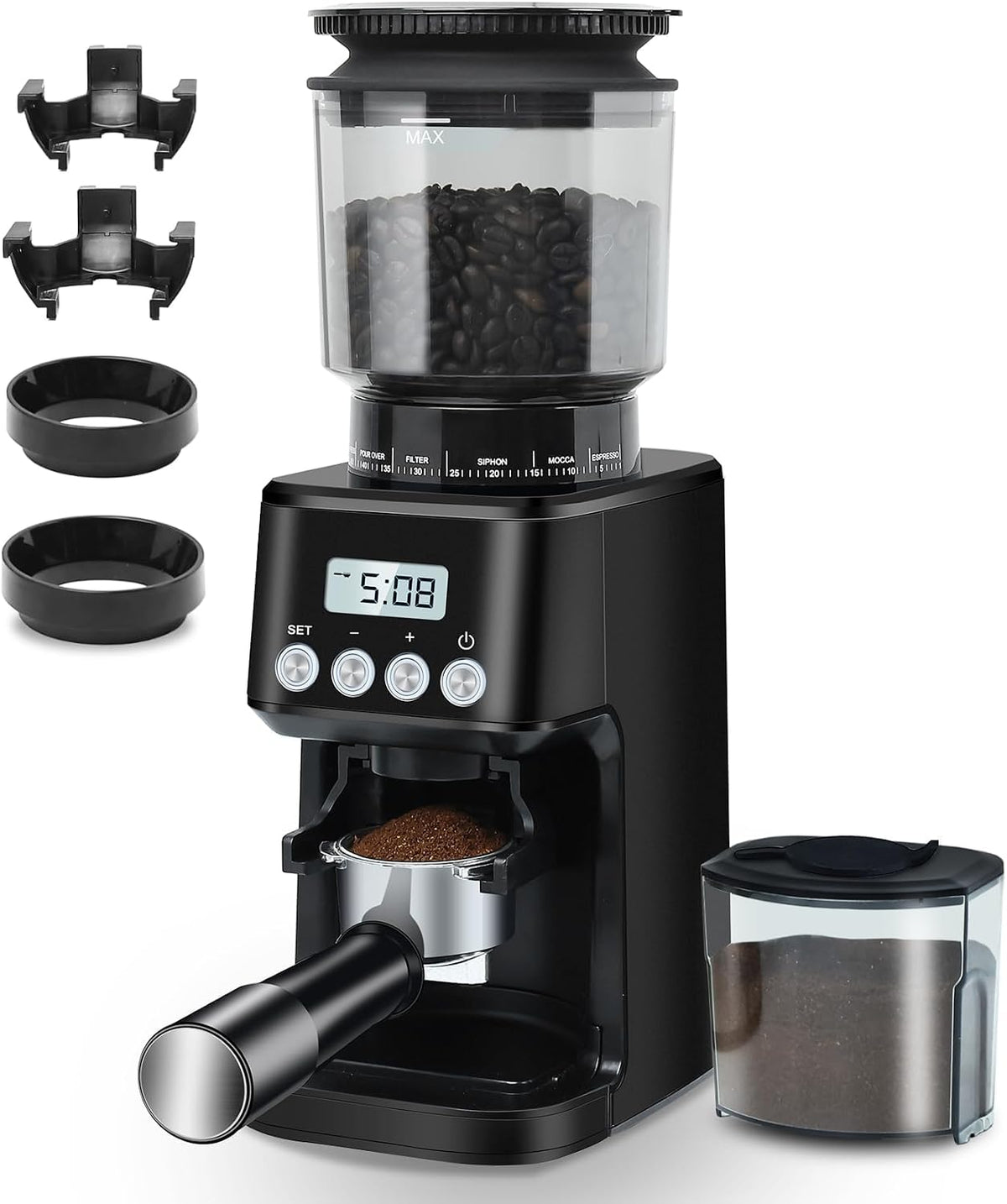 Homtone Maszyny do obróbki metalu – 160 W, 270 g, 53 mm, Srebrny / Czarny – stal nierdzewna, młyn do ziaren kawy, 51 poziomów, czarny – dla Espresso