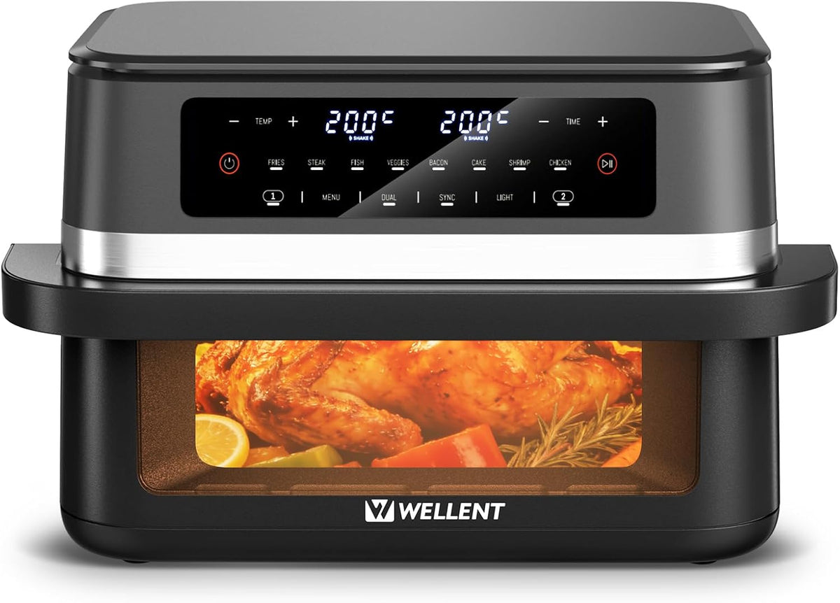 Frytkownica beztłuszczowa WELLENT, air fryer, 12 l – 2950 W, Czarny, Zmywarka, 8- in-1 – dotyk, 12 l XXL Przedziały powietrza frytkownica