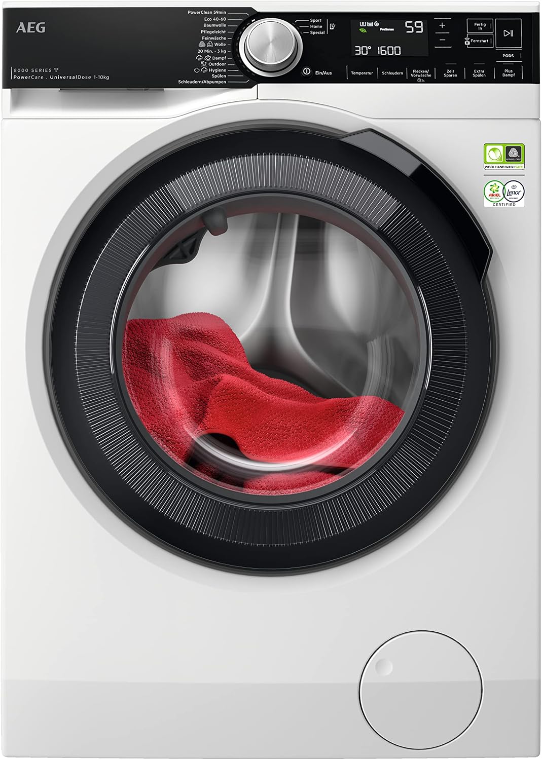 AEG Pralka, 8 kg, 1600 obr./min – 2 l, Biały/Czarny, Wi-Fi, PowerCare: technologia wstępnego mieszania 8 kg w 59 min – pranie 10 kg