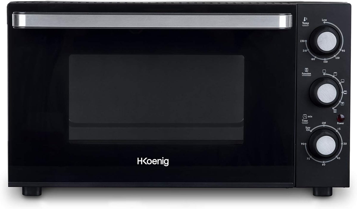 H.Koenig Mini piekarnik – FO30, 30 l, 1500 W, Czarny – funkcja grilla, Piec elektryczny FO30, licznik, kompaktowy – Non- stick płyta kuchniowa, 230 °