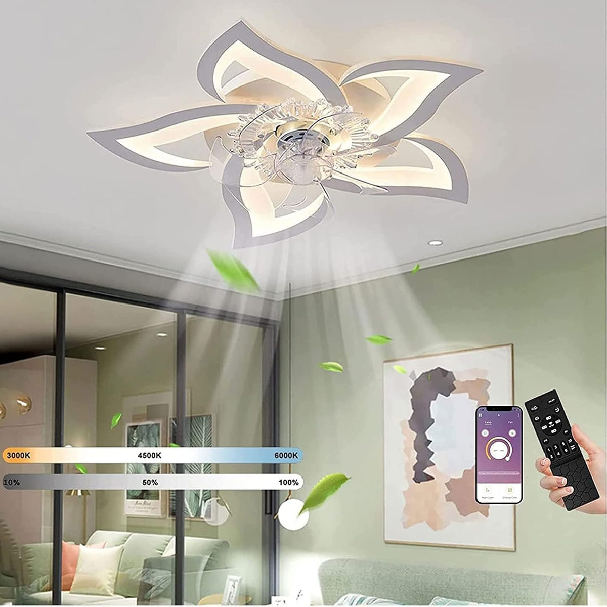 Wentylator sufitowy MiiR, 50 W, 69 x 13 cm, Biały – oświetlenie LED, pilot zdalnego sterowania, Wentylator, dekoracja pokoju dziennego – tłumik