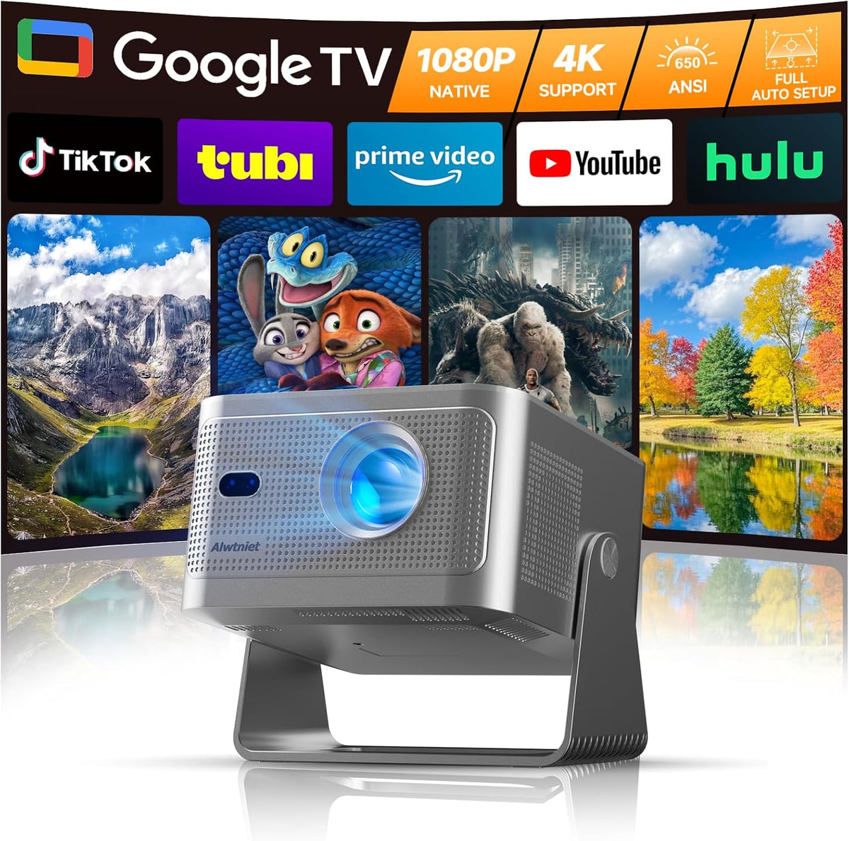Projektor Alwtniet, 1080P – 4 W, 1 m, Szary, Bluetooth – Wi-Fi, Google 1080P Smart TV, 4K UHD, laptop – 650 ANSI, 1080P Native