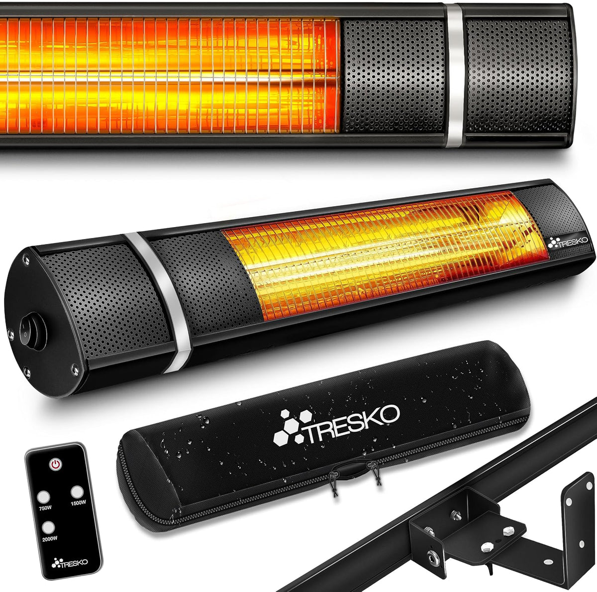 Grzejnik elektryczny TRESKO, 2000 W, 63 x 16,5 x 10,5 cm – 240 V, Czarny, pilot zdalnego sterowania, na zewnątrz – 3 poziomów