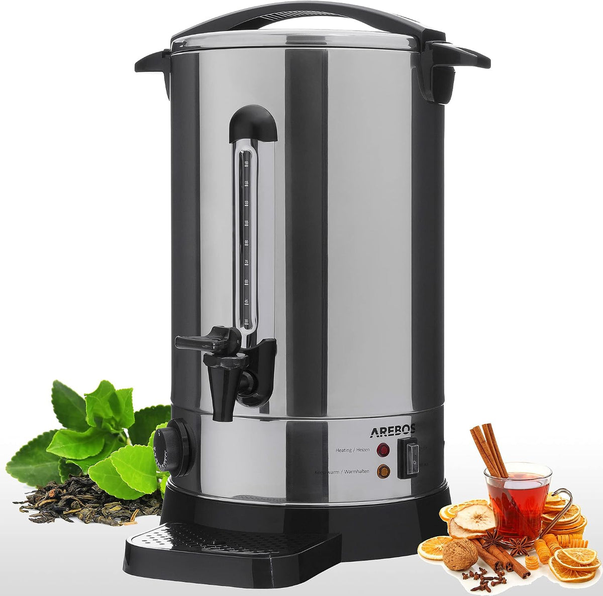 AREBOS Dystrybutor gorącej wody, 20 l, 1650 W, 32,5 x 32,5 x 55,5 cm – Srebrny, stal nierdzewna, Dyspenser, 30 do 110°C – 90 Kubeczków, termostat