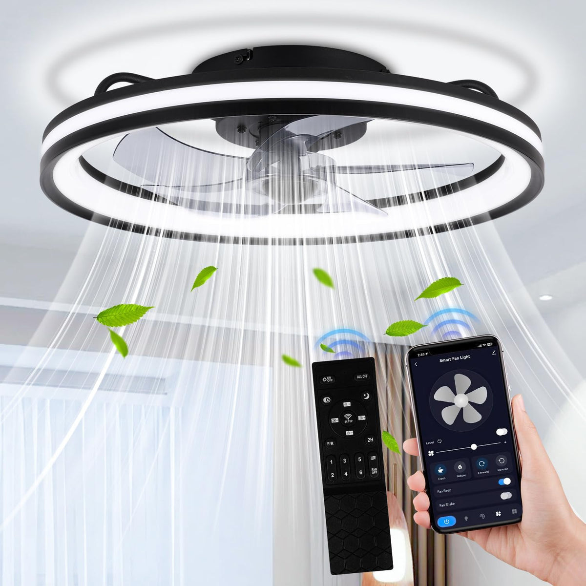 Daromigo Wentylator sufitowy, 50 cm, 18 W, Czarny – oświetlenie LED, Bluetooth, pilot zdalnego sterowania, Wentylator – zegar, 3 temperatury kolorów