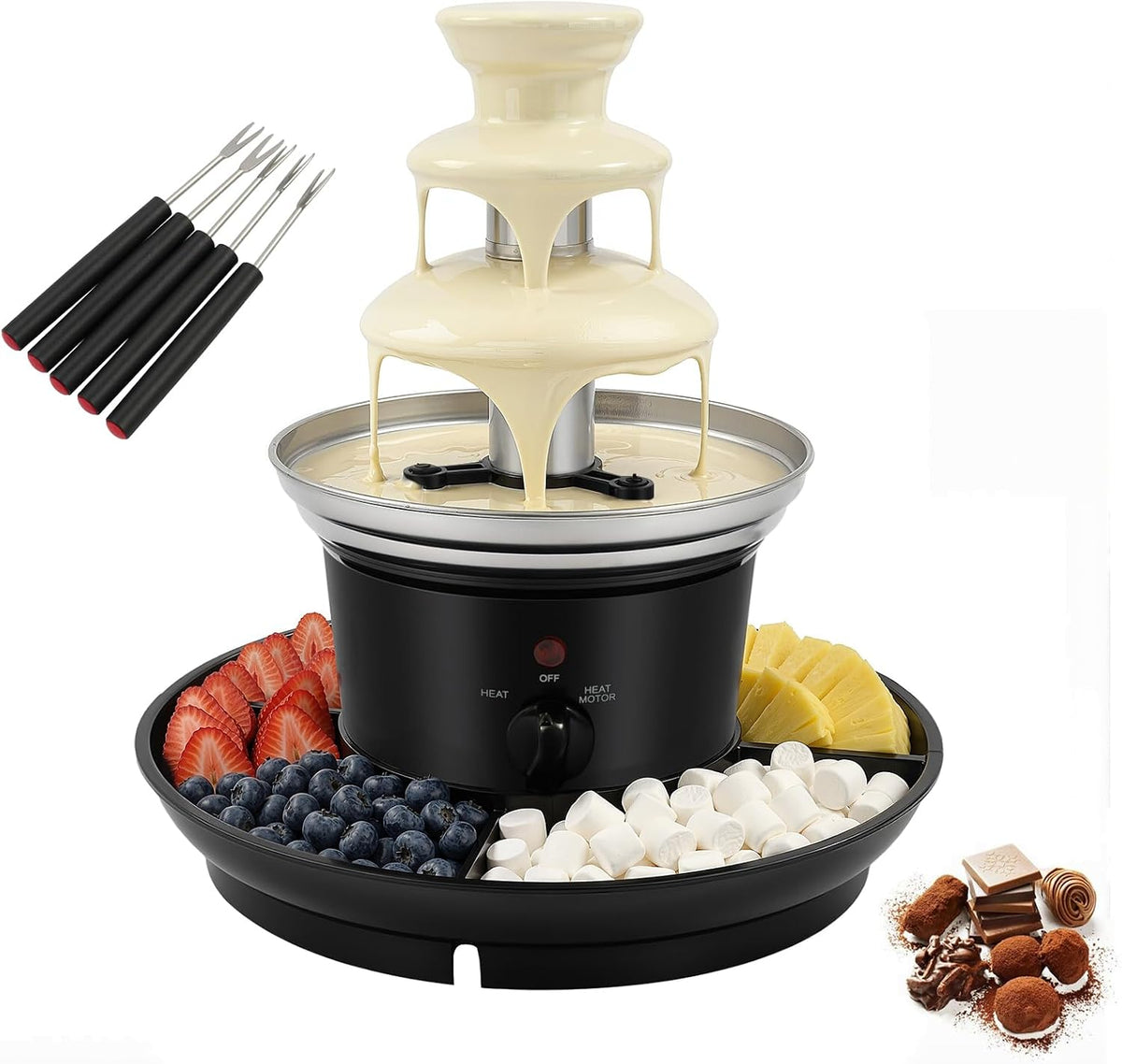 ROGONPDK Fontanny i fondue z czekolady, 25 W, 31 × 25,5 × 18,5 cm, 0,45 kg – Srebrny, stal nierdzewna, Fondue, 3 poziomów – na spotkania rodzinne