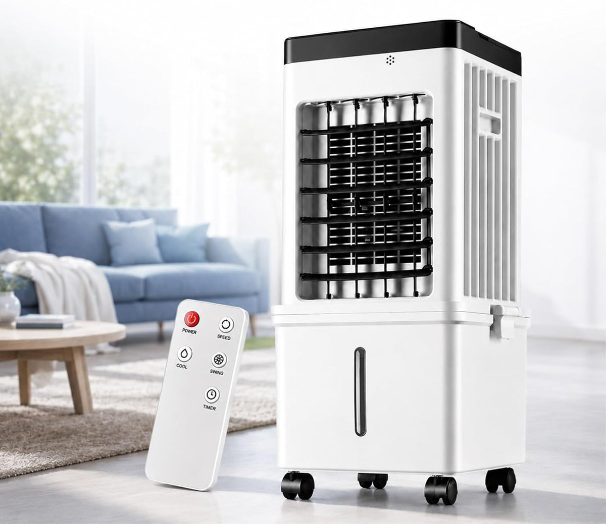 Klimatyzery ewaporacyjne CHBMZ, 15 l, Biały, 4 -in-1 – przenośne, 3 prędkości, oscylacja 90 °, duży zbiornik – 4 opakowania na lód 4-en-1