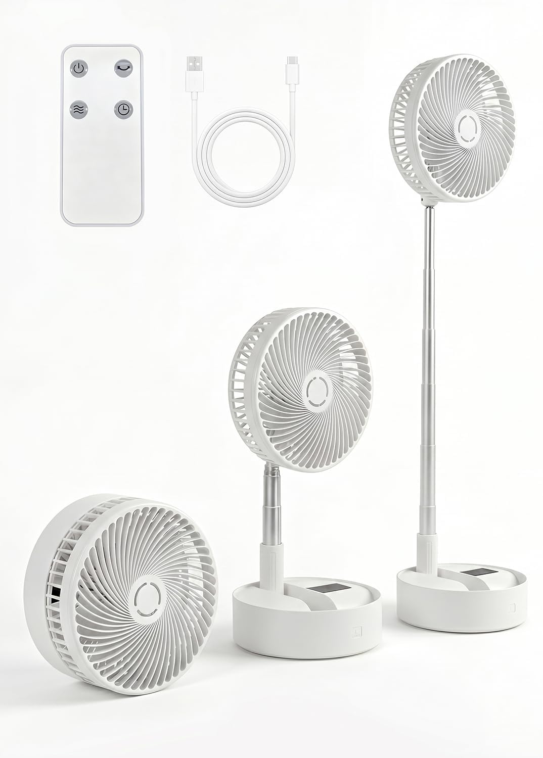 Wentylator stojący MOXTOYU, 3 cm, 5 V, Biały – regulowana wysokość, składana konstrukcja, USB, pilot zdalnego sterowania – Wentylator