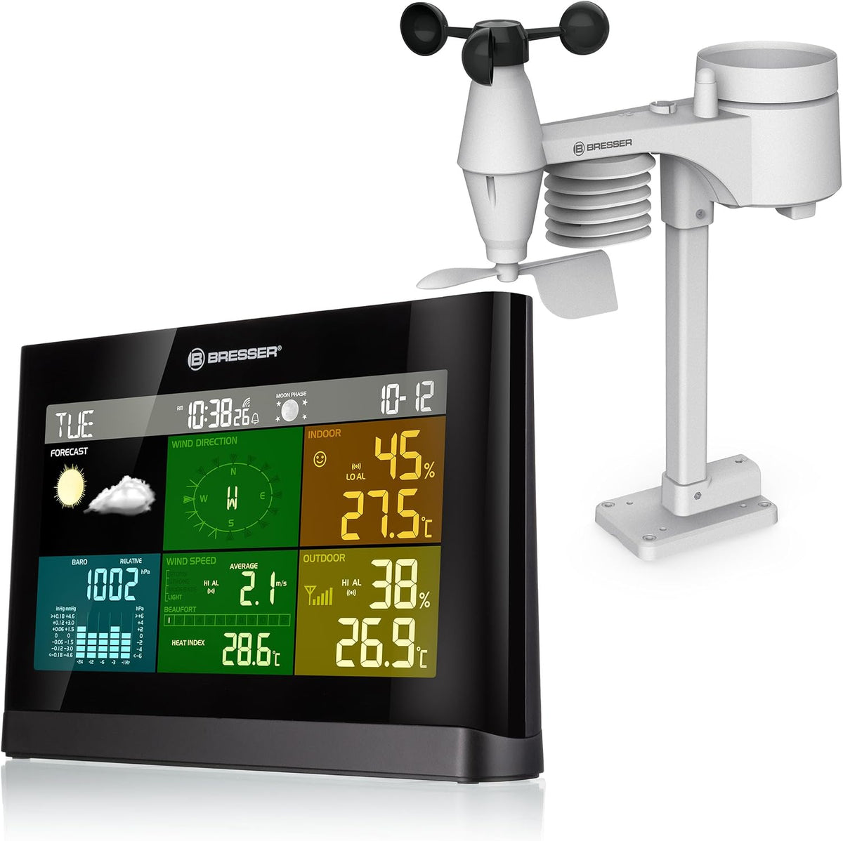 Stacje meteorologiczne BRESSER, 8 cm – Czarny, praca bezprzewodowa, Stacja, Czujnik – bezprzewodowa stacja meteorologiczna, 2 x 13, 8 x 3, plener