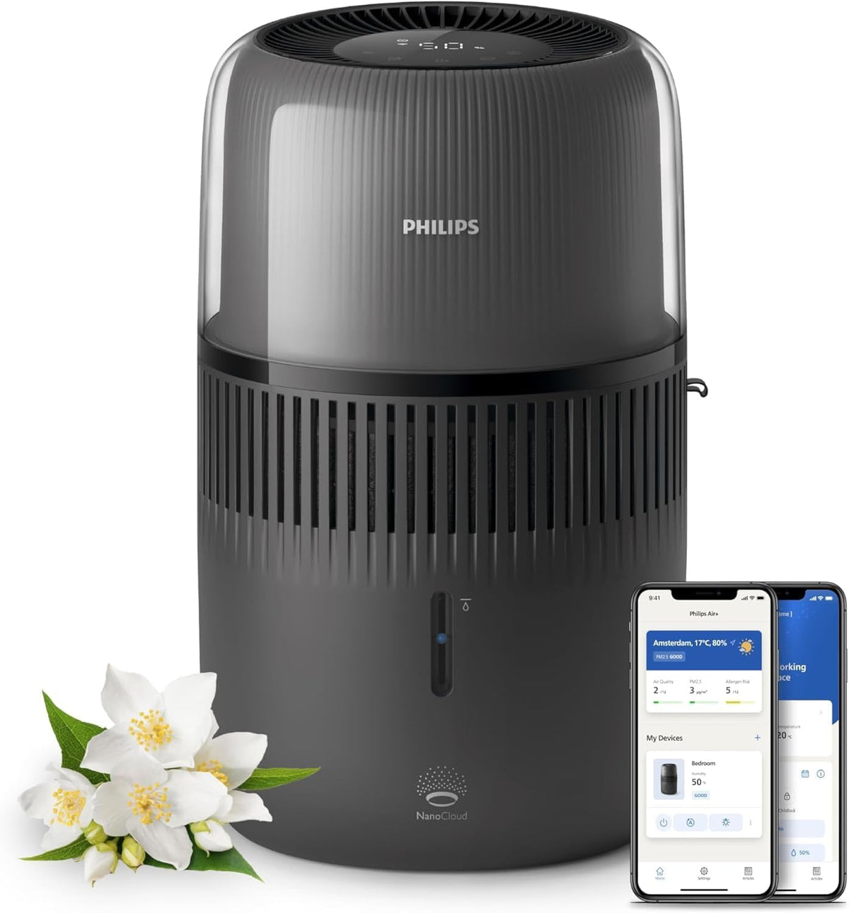 PHILIPS Nawilżacze jednopokojowe, HU5600, 300 ml, 12 dB – 45 m, Czarny, 300 ml / h HU5600 / 03 Humanidyfikator, zegar – duży zbiornik, płyta IPS