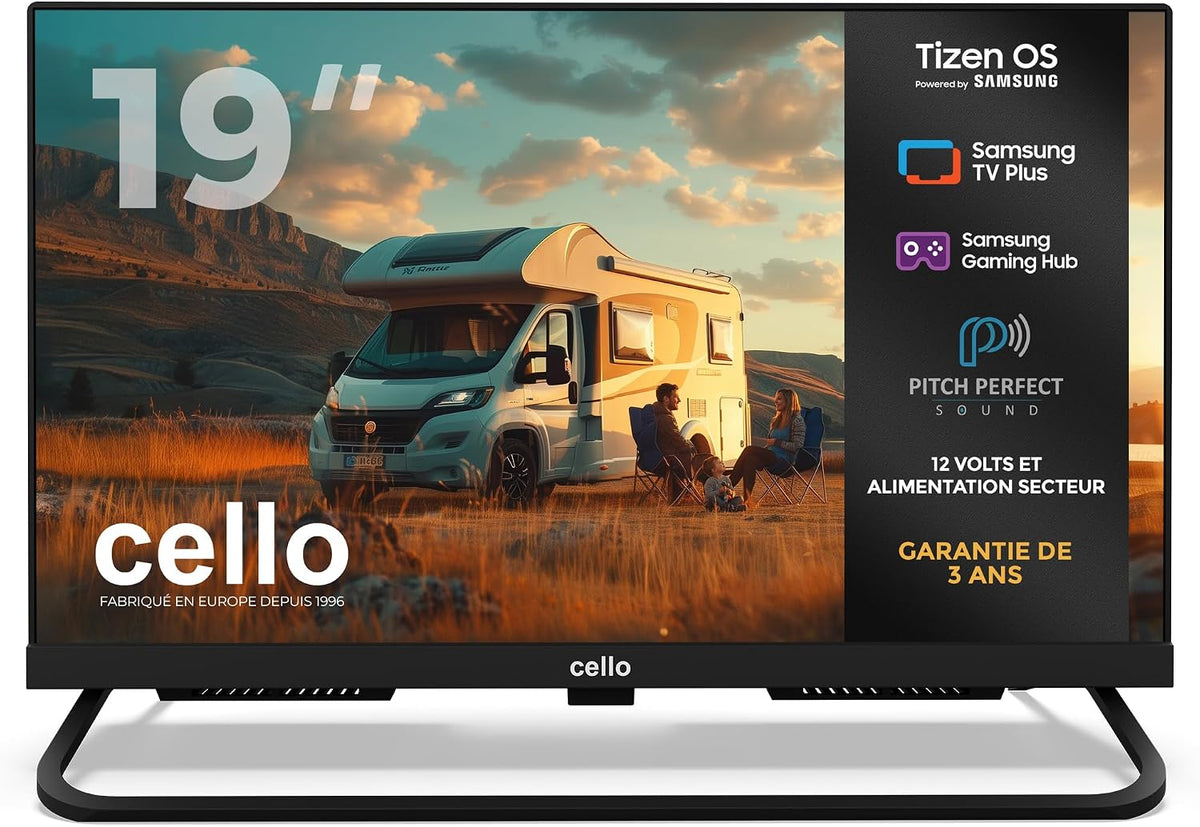 Cello Telewizor Smart TV, 19TZ, 19 cali, 12 V – Czarny, Bluetooth, Samsung CTRAV- 19TZ Smart TV, Tizen OS – potrójny tuner DVB- T2, kemping