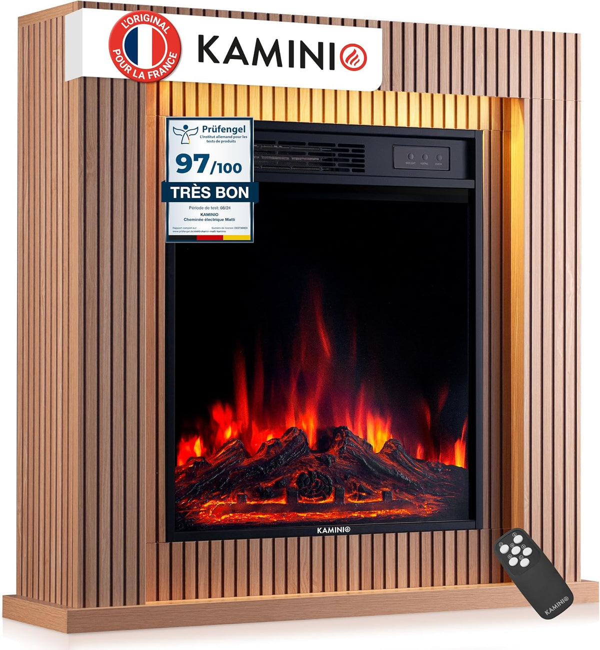 Kominek elektryczny KAMINIO, grzejnik elektryczny – Czarny, oświetlenie LED, Stoper, ognisty kominek dekoracyjny