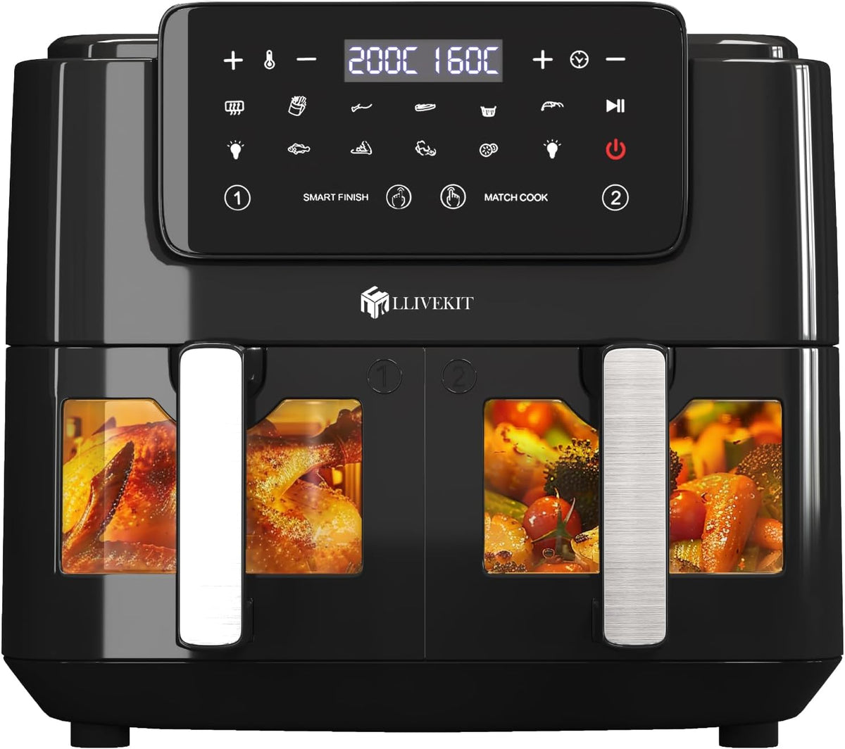 Frytkownica LLIVEKIT – 9 l, 9 W, Czarny, 2 szuflad – timer, funkcja grilla, na gorące powietrze Dual Zone z okienkiem, bez tłuszczu