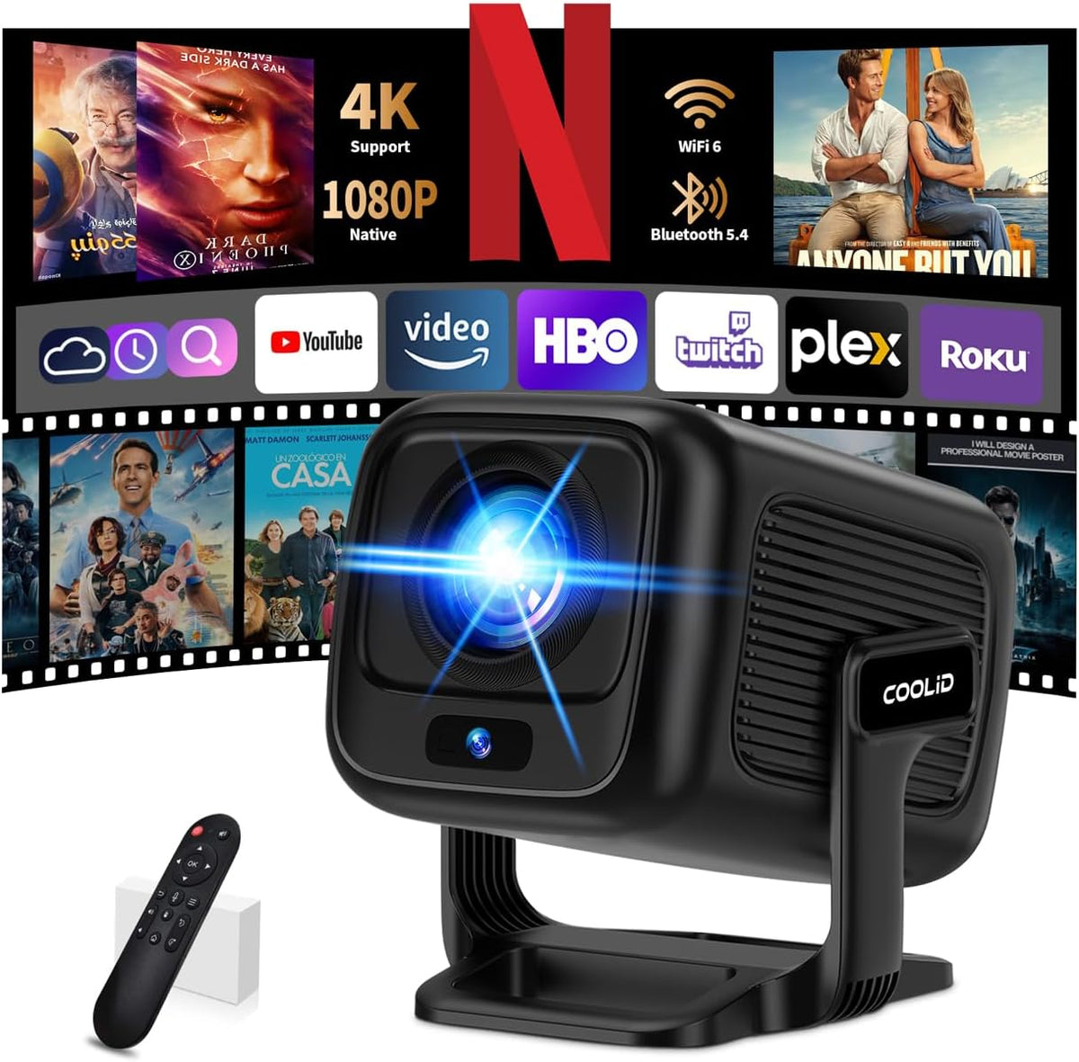 Projektor coolid, 1080P, Czarny – Bluetooth, Wi-Fi, Smart TV 1080P, Full HD – Zintegrowana aplikacja, Laptop, Negro