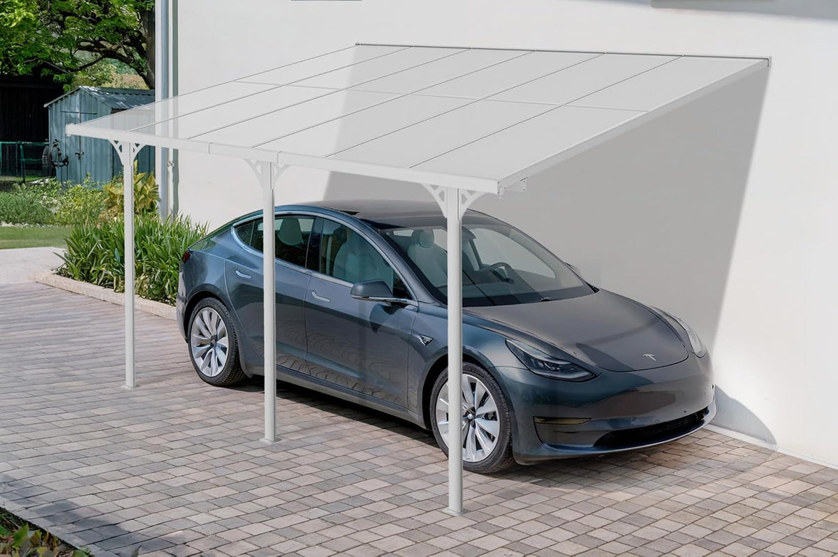 Wiaty garażowe Cazeboo – 70x35x0,8 mm, Biały, aluminium, Wiata garazowa przyścienna KLEO 400L300 carport Aluminium Biały