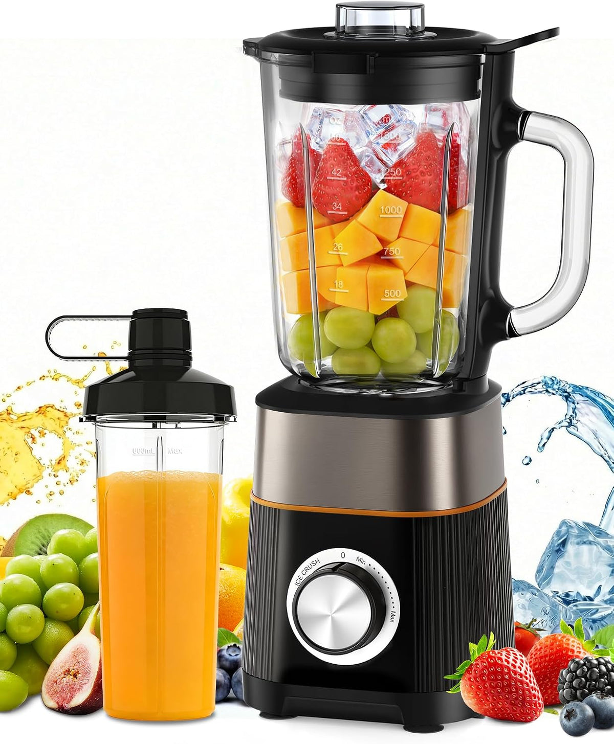 Mikser Hsweeth – 5 l, 1000 W, Srebrny, stal nierdzewna – blender kielichowy, przenośny, Butelka przenośna bez BPA- 600 ml