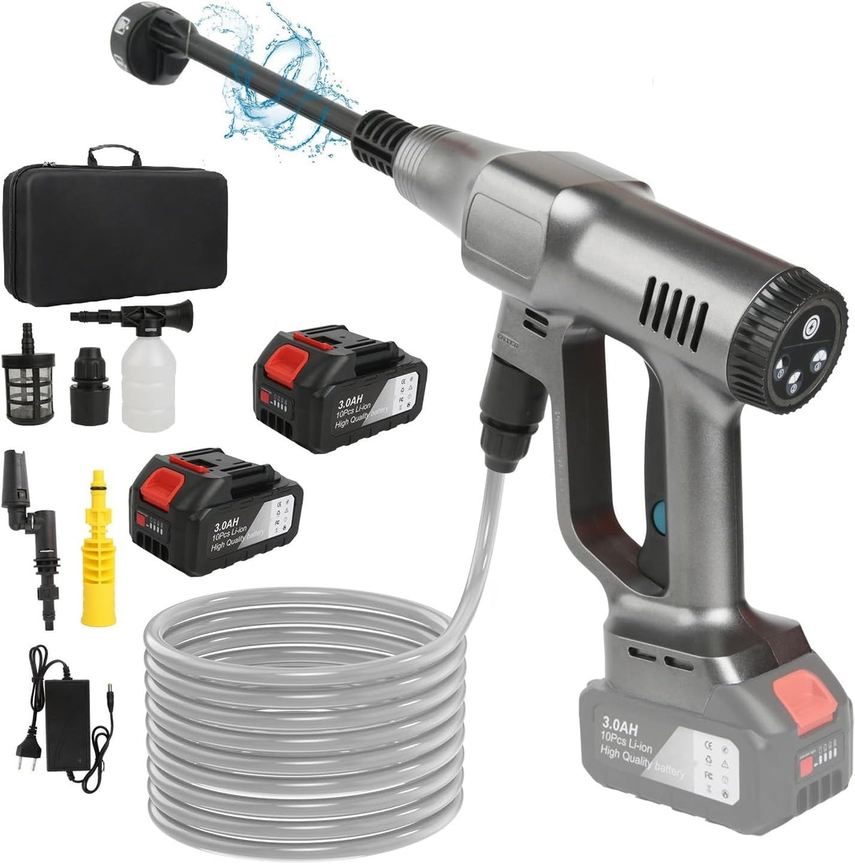Myjka ciśnieniowa Purova, myjka wysokociśnieniowa – 21 V, 3500 W, 100 bar, Srebrny – praca bezprzewodowa, Wysokie ciśnienie, 3 prędkości