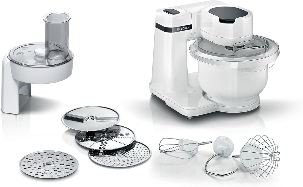 Robot kuchenny Bosch – MUMS2AW01, 700 W, 3,8 l, 1 kg – Biały, Serie 2 MUMS2AW01, misa 3,8 l, 3 mieszadła – kompaktowa konstrukcja