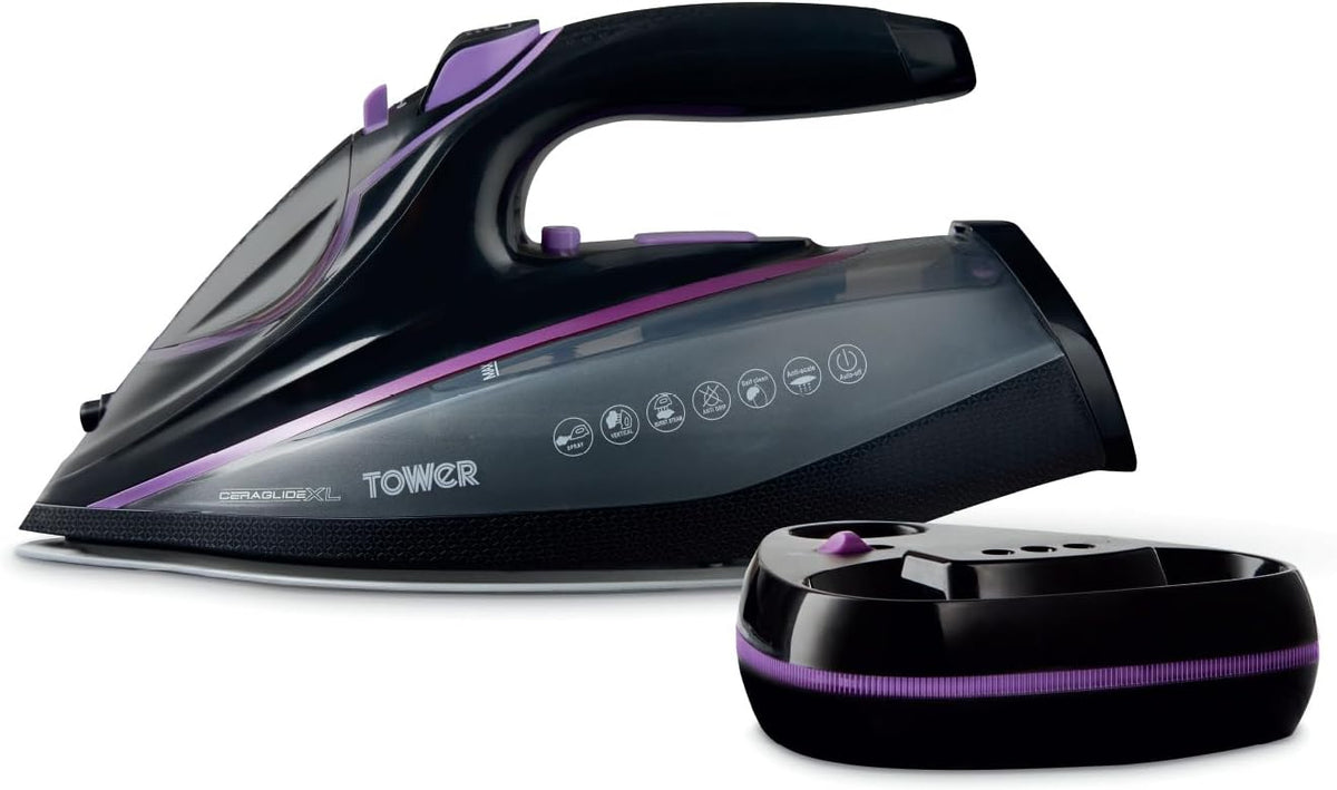 TOWER Żelazko parowe, T22036LIL, 350 ml, 3100 W – 200 g, Czarny, samoczyszczenie, praca bezprzewodowa – T22036LIL liliowy i czarny