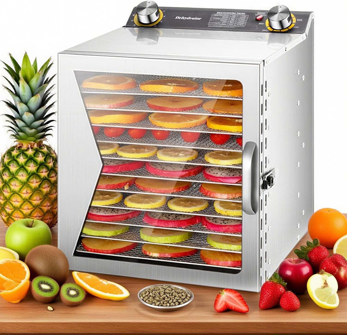 Suszarka do żywności zhenmaster, 800 W, 28,5 × 20 cm – 110 V, Srebrny, stal nierdzewna, automatyczne wyłączanie – 12Suszarka do warstw