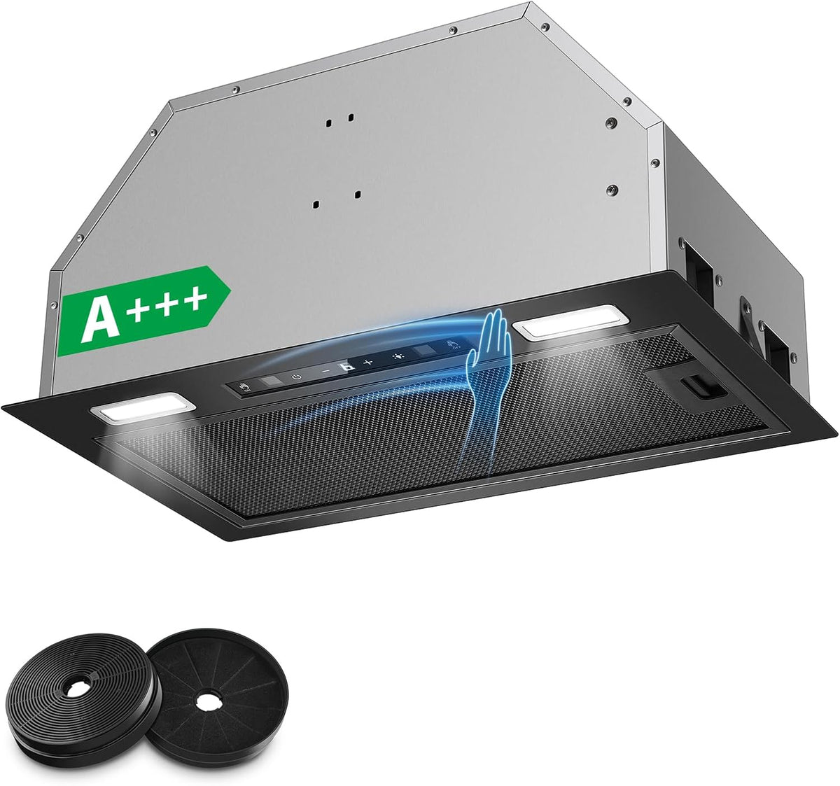 Okap kuchenny KICHPOWER, 52 cm, 1,5 W – Czarny / Srebrny, oświetlenie LED, 750 m3 / h, ewakuacja i recykling – 3 prędkości, do zabudowy