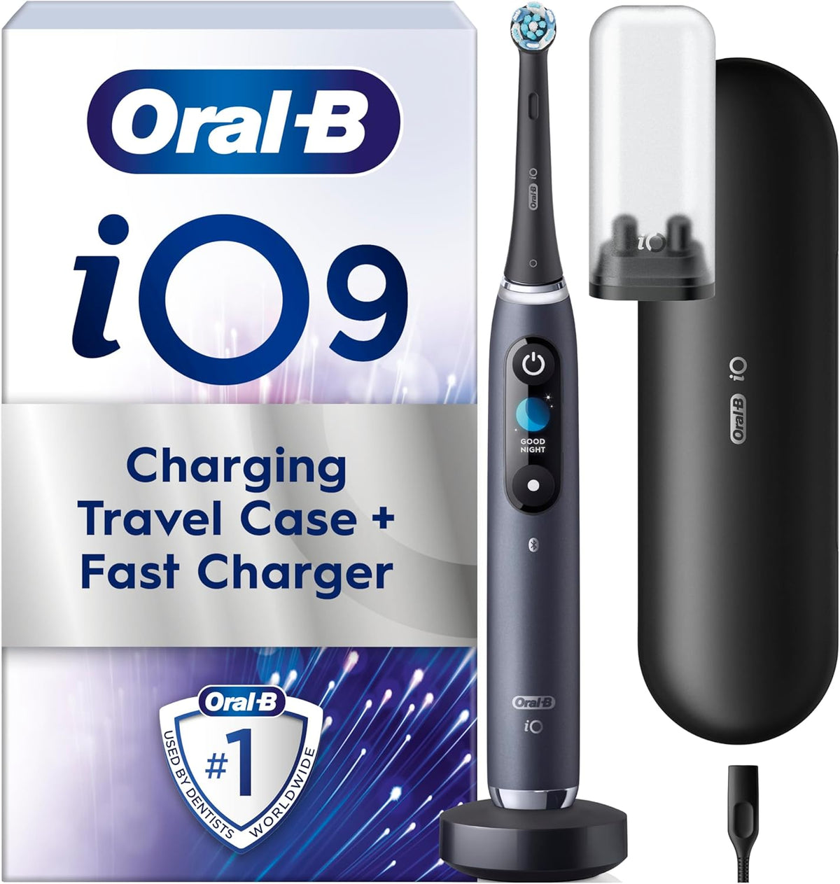 Obrót Oral-B, Czarny – iO9 Szczotka, gniazdo, szczoteczka do zębów wielokrotnego ładowania, aplikacja – 7 trybów