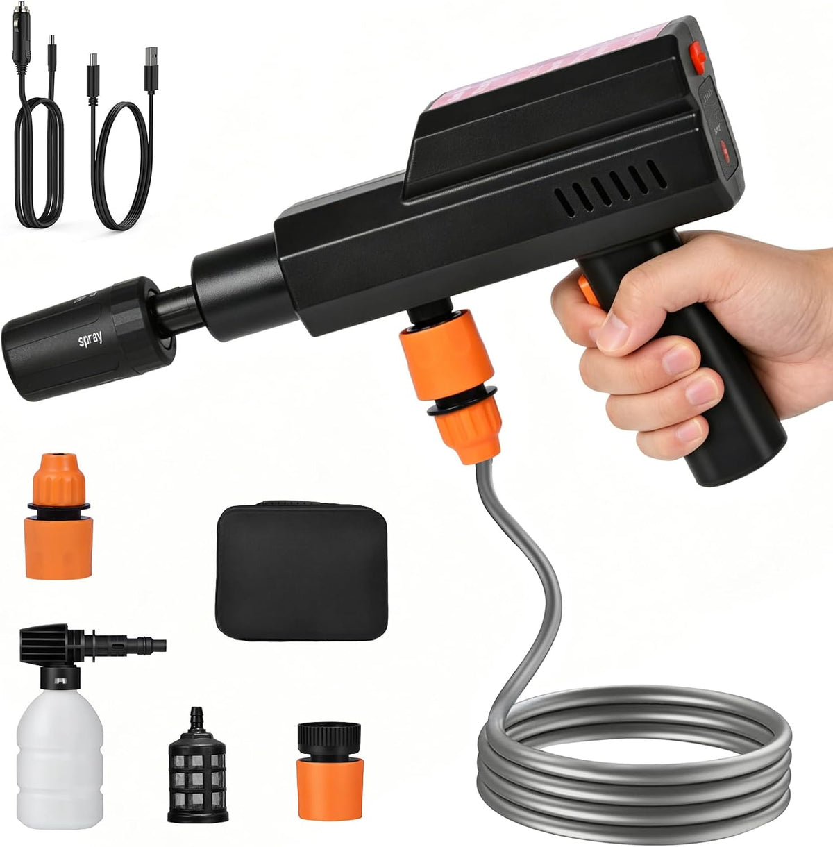Myjka ciśnieniowa Anosuwa, myjka wysokociśnieniowa, 12 V, 5 m – 5 W, Czarny, USB, praca bezprzewodowa – 5 w 1, Wysokie ciśnienie czyszczarka 12